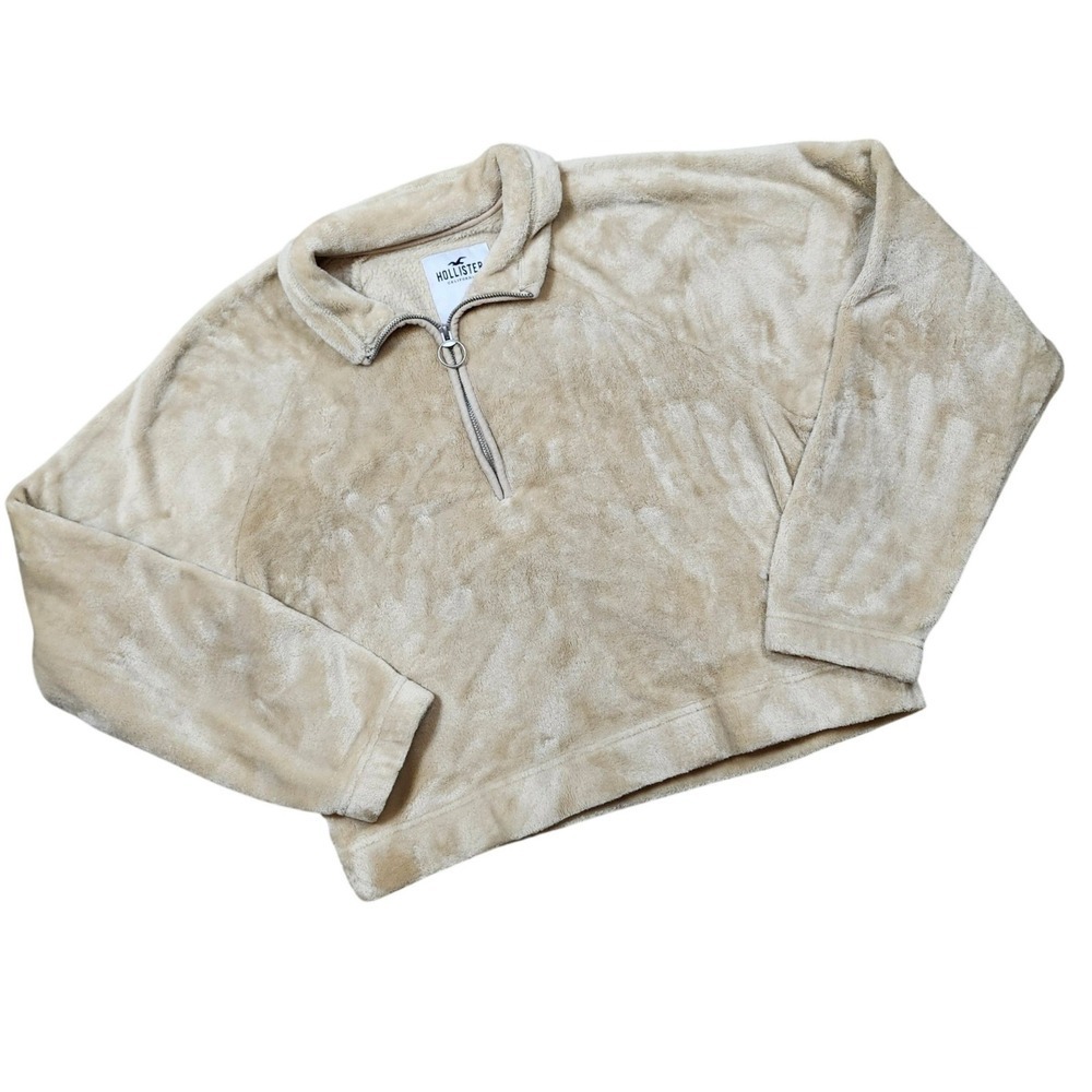 Hollister Women's Medium Beige Fuzzy Fleece 1/4 Zip Pullover Sweatshirt - Picture 2 of 8